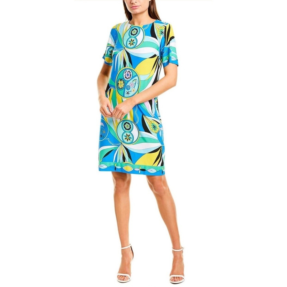 Donna Morgan Pucci Jersey Dress Short Sleeve Sheath Women's Sz 2 NEW Blue Green
